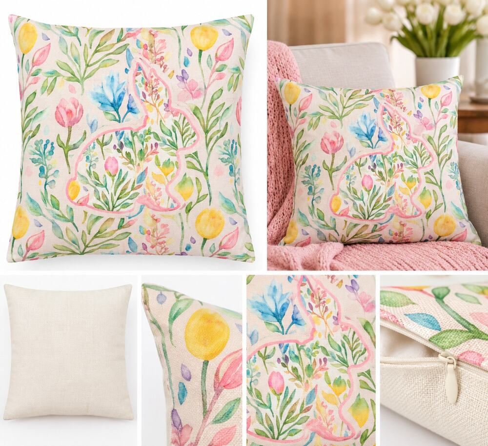 Spring Floral Bunny Decorative Throw Pillow Cover – Pastel Easter Décor